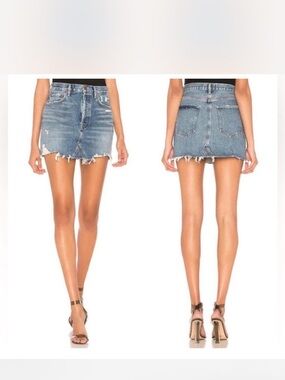 Agolde Frayed Hem Distressed Denim Mini Skirt - Light Blue